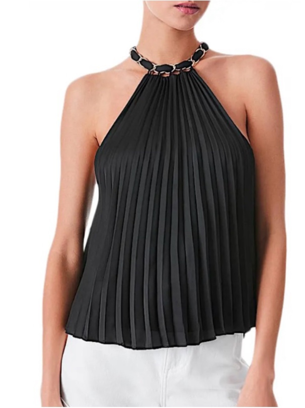 Alice + Olivia Black Pleated Halter Top with Chain-Link Neck Size M NWT - Picture 7 of 12